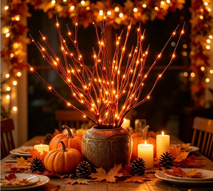 4Pack Orange Light LED Lighted Branches Battery Operated Branch Light