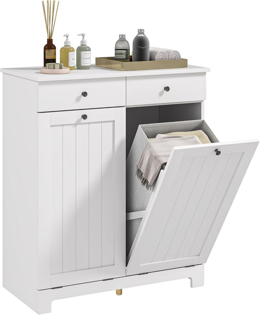 HOMCOM Laundry Hamper Cabinet with 2 Removable Baskets, Tilt Out Laundry Hamper Cabinet with 2 Drawers and 2 Beadboard Doors, Laundry Cabinet Bathroom Storage Cabinet, White - NestledHome
