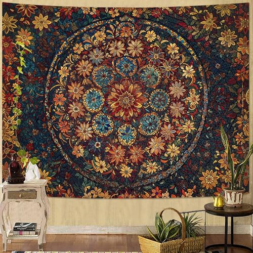 Boho Floral Mandala Tapestry Wall Hanging Vintage Bohemian Flower Medallion Tapestry Aesthetic Orange Stained Glass Hippie Large Tapestries for Bedroom Living Room Dorm Decor 80 x 60 Inch