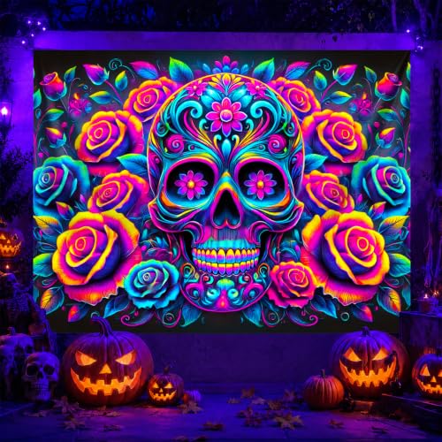 Blacklight Tapestry Floral Skull Bedroom Decor 78 x 59 Inch