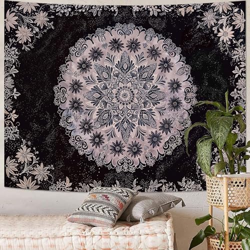 Boho Floral Mandala Tapestry Wall Hanging Grey Bohemian Flower Medallion Tapestry Aesthetic Gray Black Hippie Indian Small Tapestries for Bedroom Living Room Dorm Decor 80 x 60 Inch