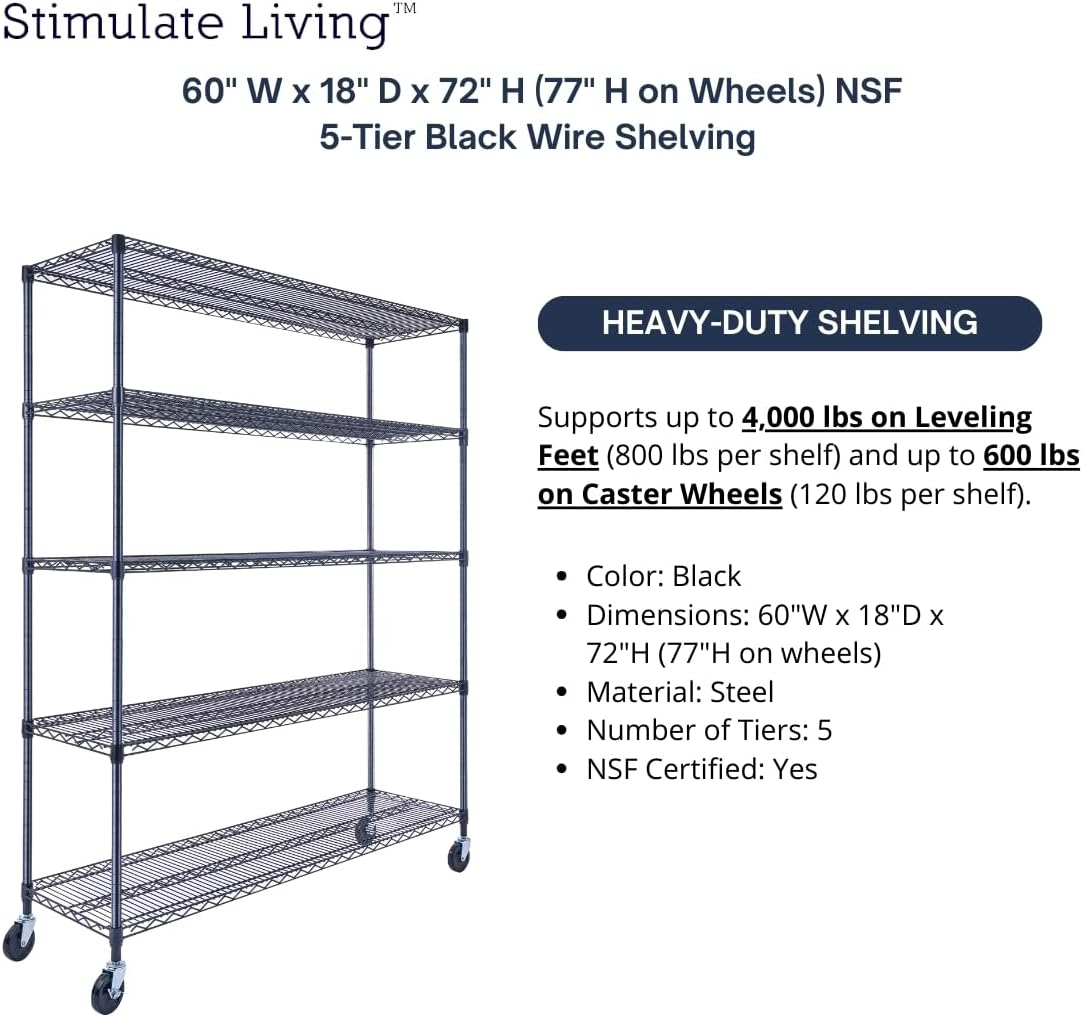 60"x18"x72" Prime Heavy Duty Black 5-Tier Wire Shelving NSF 4000 LBS MAX Capacity Storage Rack for Commercial, Hospital, School, Garage, and Kitchen Uses (with Wheels) - NestledHome