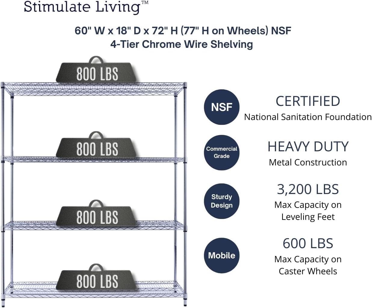 60"x18"x72" Prime Heavy Duty Chrome 4-Tier Wire Shelving NSF 3200 LBS MAX Capacity Storage Rack for Commercial, Hospital, School, Garage, and Kitchen Uses (with Wheels) - NestledHome