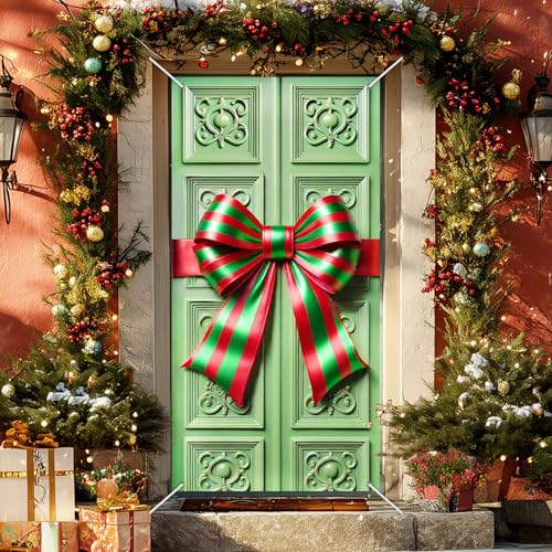 Christmas Door Cover Green Red 35x71 Inch Polyester