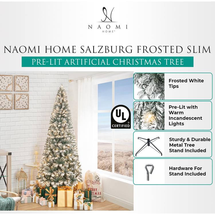 Salzburg 9ft Frosted Prelit Slim Artificial Christmas Tree with 1455 Branch Tips