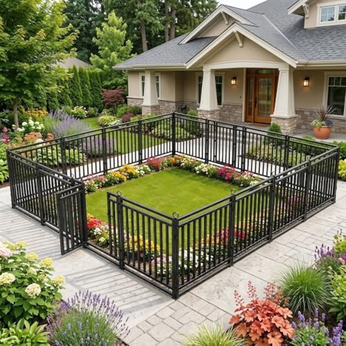 36ft (L) × 47in (H), 14 Panels & 2 Gates Garden Fence, Durable Outdoor Yard Barrier, Secure Garden Fencing, Weather-Resistant Fence for Privacy & Decoration, Black-Silver