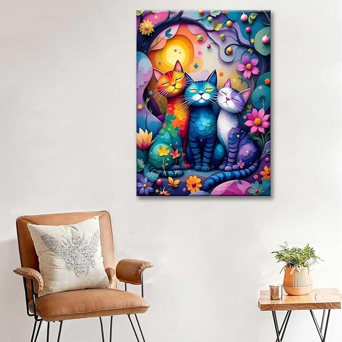 Paint by Numbers Kit for Adults Framed, Colorful Whimsical Cats in Flower Garden, DIY Oil Painting, Pre-Printed Canvas Wall Art Home Decor Gift, 16x20inch Framed, 24 Colors