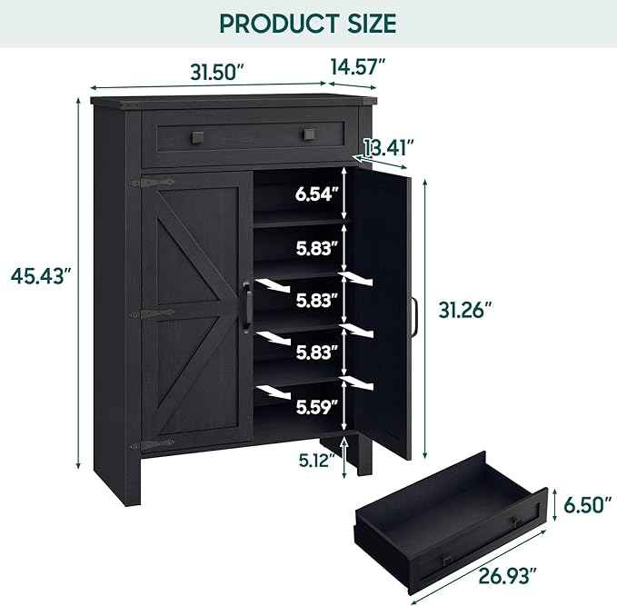 Vabches Shoe Storage Cabinet, 5-Tier Farmhouse Shoe Cabinet with Adjustable Shelves & Drawer, Wooden Shoes Rack Cabinets Storage Organizer with Doors for Entryway, Hallway, Closet, Living Room, Black