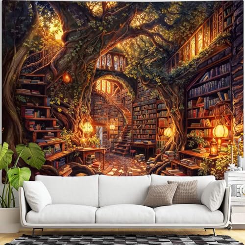 Forest Library Tapestry Tree Bookshelf Tapestries Wall Hanging Vintage Fantasy Fairy Treehouse Book Extra Large Tapestry for Bedroom Living Room Dorm Classroom 90 x 68 inch