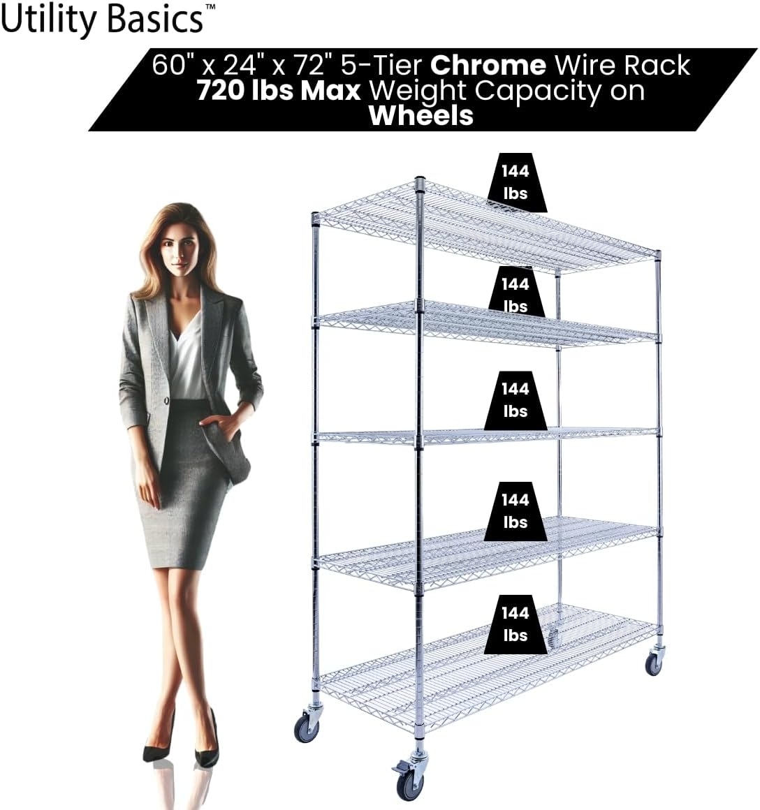 60"x24"x72" Chrome 5-Tier PREMIUM Wire Shelving NSF 4000 LBS MAX CAPACITY Heavy Duty Steel Storage Rack for Warehouses, Garages, Hospitals, Commercial Spaces, & Schools w/PREMIUM WHEELS - NestledHome
