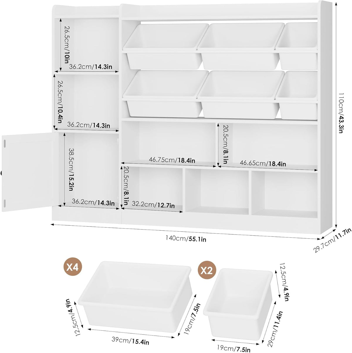 Toy Storage Organizer, 55” Wide Toy Organizers and Storage with 8 Storage Cubbies & 6 Toy Bins, Large Toy Box with Bookshelf, Playroom Storage for Playroom, White - NestledHome