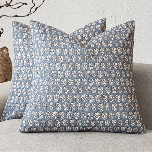 Decorative Floral Print Throw Pillow Covers 22×22 Dusty Blue (2 Count)