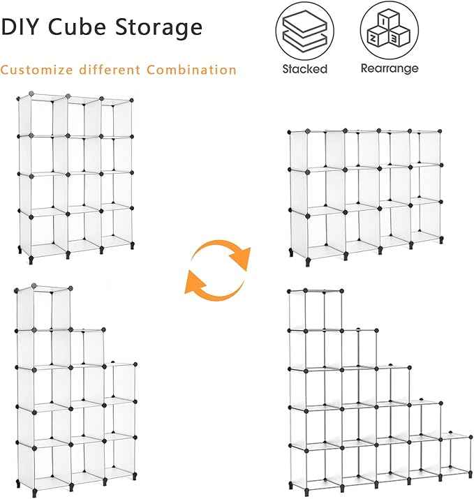 AWTATOS Cube Storage Organizer Storage 12 Cube Bookshelf DIY Plastic Closet Storage Shelves with Wooden Mallet, Ideal Storage Solution for Home, Bedroom, Translucent White