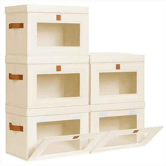 Small Fabric Storage bins - Collapsible Storage Bins with Open Window, 5 Pack Closet Baskets for Shelves, Stackable Decorative Boxes for Home, Dorm, Beige, 13.7"x 9.8" x 9.8"