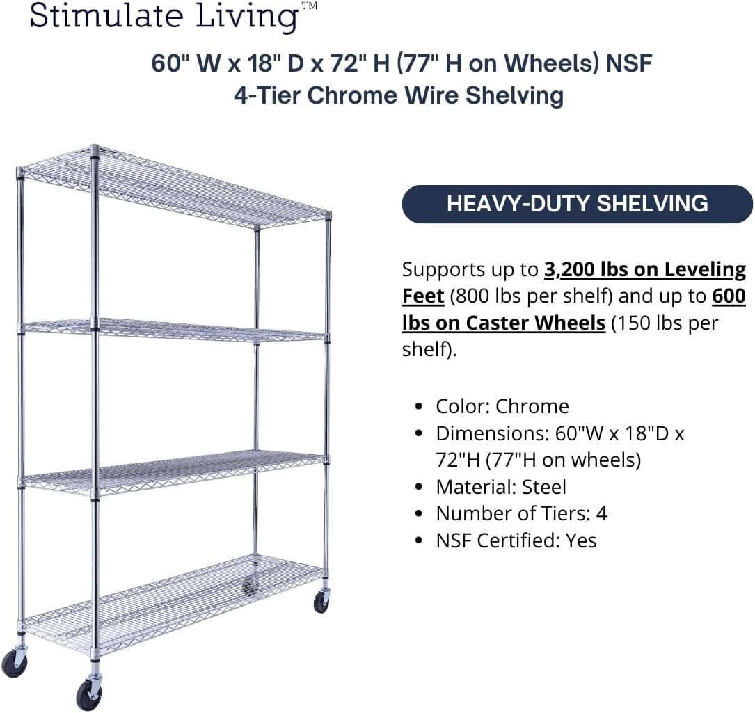 60"x18"x72" Prime Heavy Duty Chrome 4-Tier Wire Shelving NSF 3200 LBS MAX Capacity Storage Rack for Commercial, Hospital, School, Garage, and Kitchen Uses (with Wheels) - NestledHome