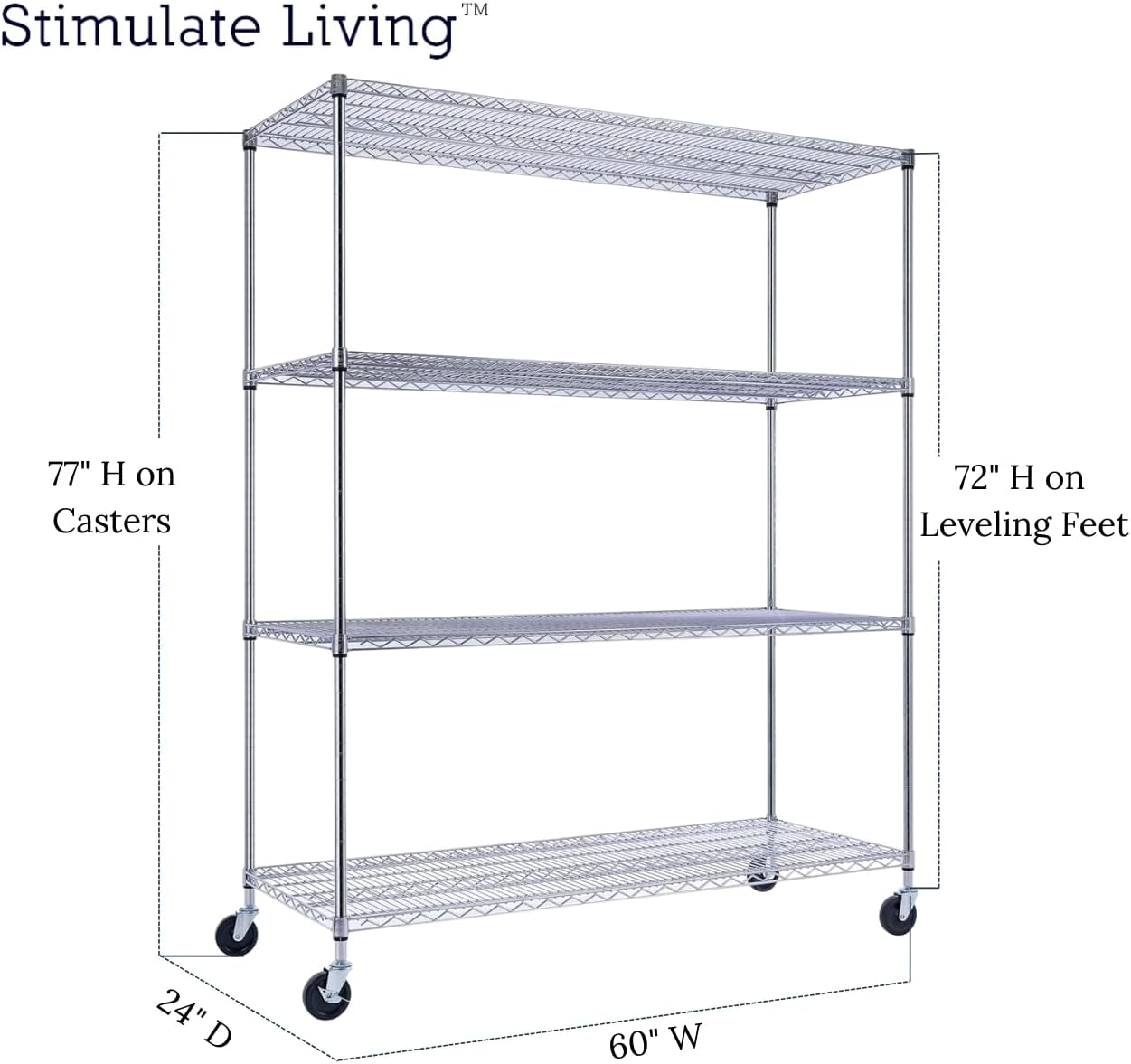 60"x24"x72" PRIME HEAVY DUTY Chrome 4-Tier Wire Shelving NSF 2400 LBS MAX Capacity Storage Rack for Commercial, School, Home, Garage, Warehouse, Industrial, and Hospital Uses (with Wheels) - NestledHome