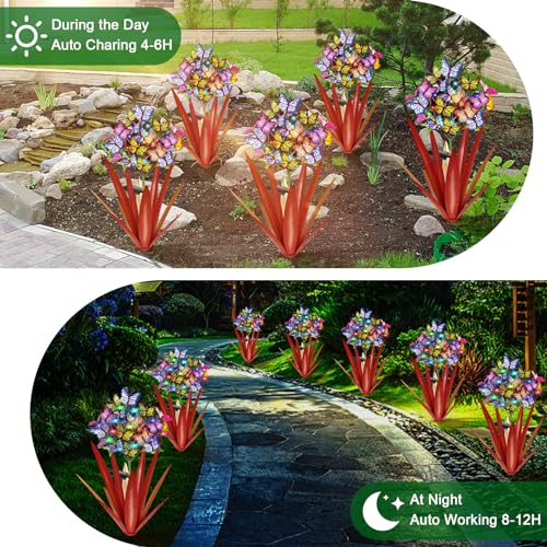 Solar Metal Agave Butterfly Flower Stick Garden Sculpture (3 Count)