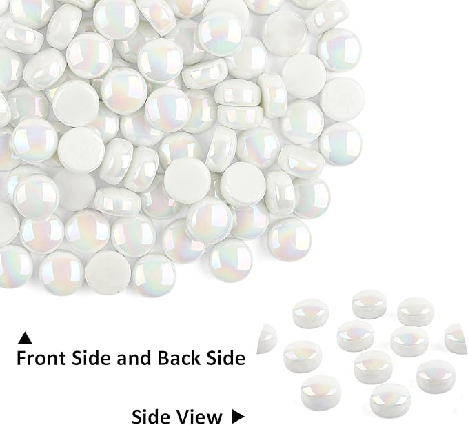 Artspac Glass Mosaic Tiles for Crafts Bulk,150g Round Mosaic Glass Pieces,Iridescent White Mosaic Tiles for DIY Garden Crafts Supplies, Crafts Ornaments