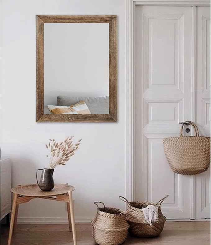 AAZZKANG Rustic Wood Mirror Rectangle Decorative Wall Mirrors with Frame Large 26"x18"for Bedroom Living Room Bathroom Entryway Hanging Brown