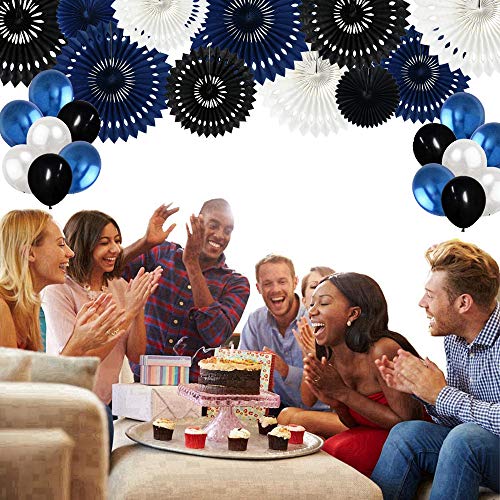 Honeycomb Round Paper Fans Black Blue White Hanging Party Decor (11 Count)