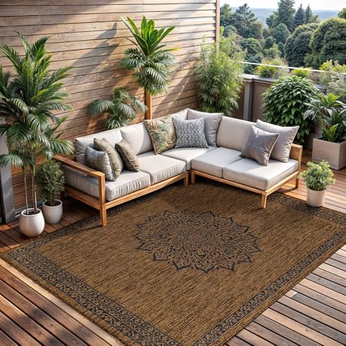 Outdoor Rug 6x9 Medallion Gold Modern Area Rugs for Indoor and Outdoor Patios Kitchen and Hallway Mats Washable Porch Deck Outside Carpet (60 Sq Ft)