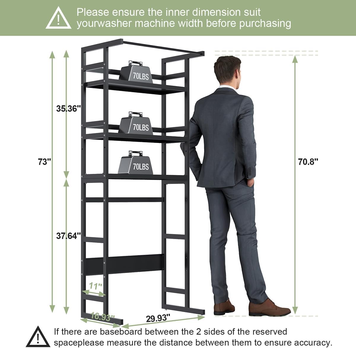 Dryer Storage Shel andf Over The Washer - Adjustable 4-Tier Heavy Duty Laundry Room Organizer, All Carbon Steel Standing Shelf with Hanging Rod, Anti-Tip Design, Super Stable 29.93" L x 11" D x 73" H - NestledHome