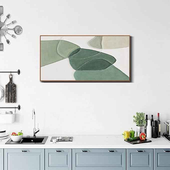 Framed Wall Art Canvas Artwork Green And White Geometric Color Block Line Art Canvas Paintings Wall Decor Modern Home Bedroom Art Office Decor 20"X 40" Framed Ready To Hang