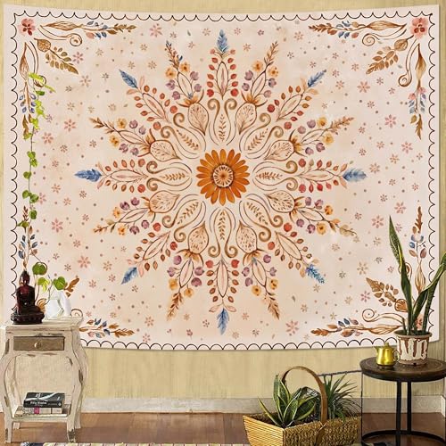 Boho Floral Mandala Tapestry for Bedroom Aesthetic Watercolor Bohemian Flower Wall Tapestry Brown Beige Hippie Indian Extra Large Tapestries Wall Hanging for Living Room Dorm Decor 90 x 68 Inch
