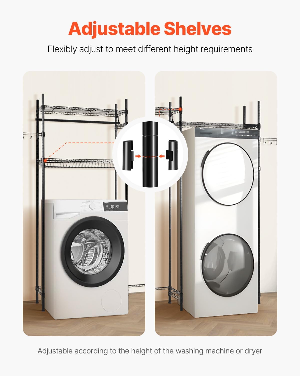 VEVOR Over The Washer and Dryer Storage Shelf, 4 Tier Laundry Room Drying Rack with Hanger Rod and Hooks, Adjustable Over Washer and Dryer Shelves, Laundry Room Shelf Storage Space Saver, Black - NestledHome