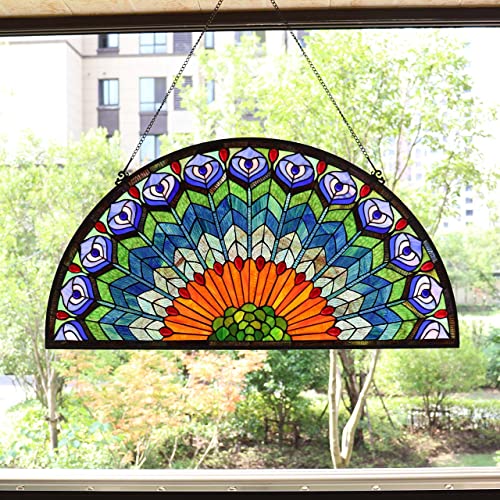 W10034 Blue Peacock Feather Tiffany Style Stained Glass Window Panel