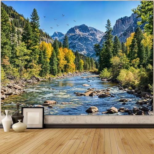 Nature Forest Mountain Tapestry Green Pine Tree Tapestry for Bedroom Aesthetic Flowing River Landscape Tapestries Wall Hanging Bird Decor for Living Room Classroom Dorm Office