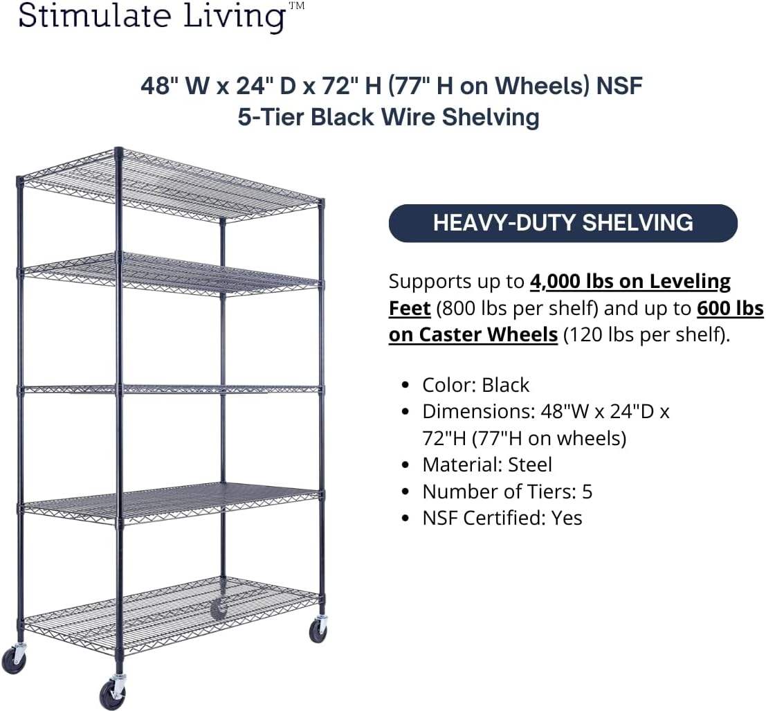48"x24"x72" Prime Heavy Duty Black 5-Tier Steel Wire Shelving NSF 4000 LBS MAX Capacity Storage Rack for Commercial, School, Home, Garage, Warehouse, Industrial, and Hospital Uses (with Wheels) - NestledHome