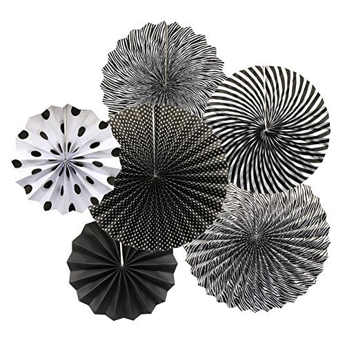 6 Pack Black Round Hanging Paper Fans Party Decorations