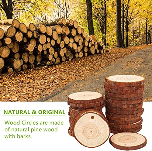 Natural Wood Slices TICIOSH Craft Unfinished Wood kit Predrilled with Hole Wooden Circles for DIY Crafts Wedding Decorations Christmas Ornaments Arts Wood Slices (50 Count)