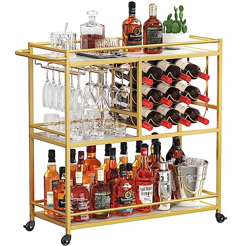 3 Tier Rolling Serving Bar Cart with Lockable Wheels