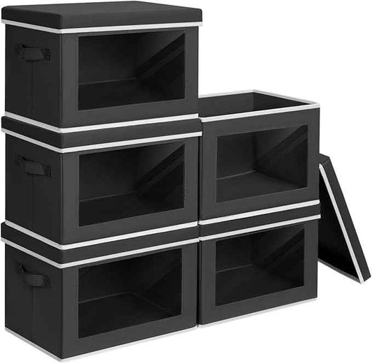 Stackable Storage Bins with Lids - Medium Storage Box with Lids, Foldable Closet Boxes for Organizing, Wardrobe Clothes Organizer with Window, Cubes Bins for Living Room, 5 Pack, Black