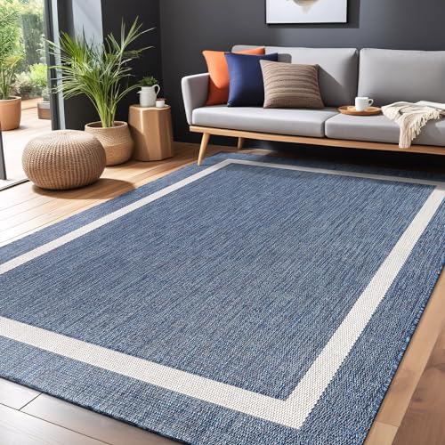 Bordered Outdoor Rug 6x9 Washable Outside Carpet for Indoor Patio Porch Waterproof Easy Cleaning Non Shedding Area Rugs Blue 6 x 9