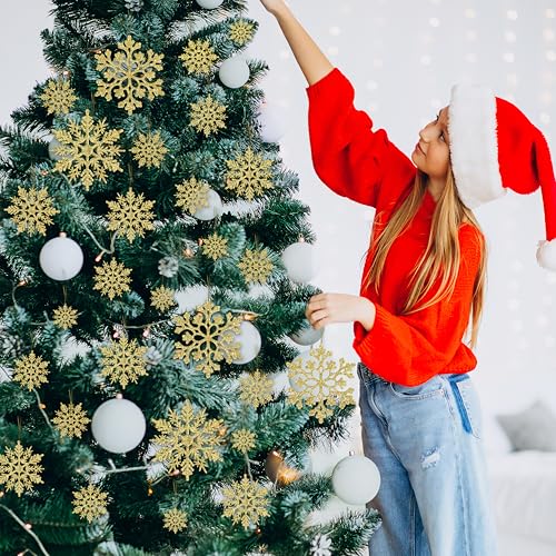 60pcs Christmas Gold Snowflake Ornaments Plastic Glitter Snow Flakes Ornaments for Winter Christmas Tree Decorations Size Varies Craft Snowflakes (60 Count)