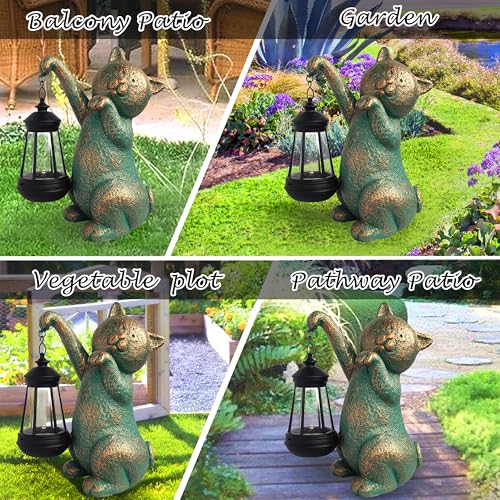 Cat Garden Statue Outdoor Décor with Solar Lights Lantern