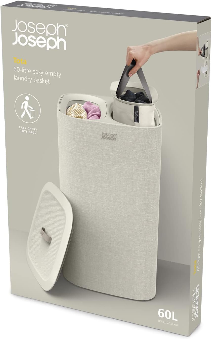 Joseph Joseph Tota 60 liter/15.8 gallon Laundry Hamper Separation Basket with lid, 2 Removable Washing Bags with Handles- Ecru - NestledHome