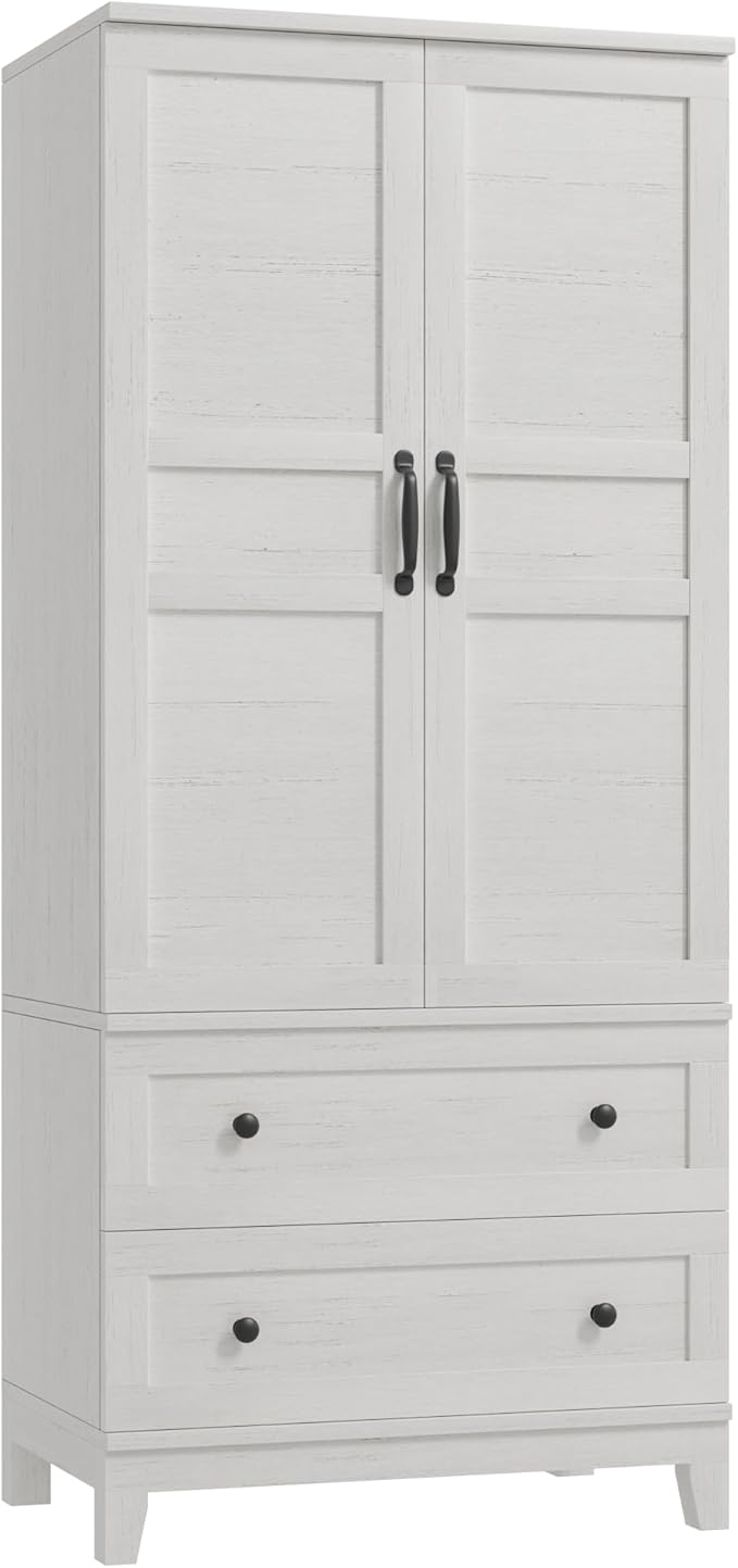 GarveeHome Armoire Wardrobe Closet with 2 Drawers,72 in Wooden Wardrobe Cabinet with Hanging Rod, Tall Clothing Armoire Cabinet with Doors and 18 Adjustable Shelves for Bedroom, Clothes, Rustic White