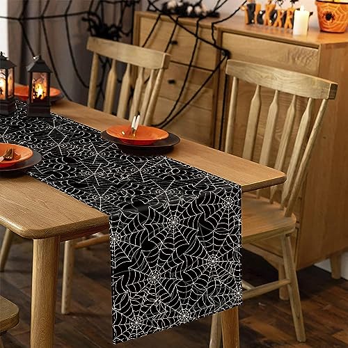 Halloween Table Runner Spider Web Black Linen Table Runners for Seasonal Holidays Indoor Outdoor Kitchen Dining Party Home Decor 13 x 108 Inch (9 Sq Ft)
