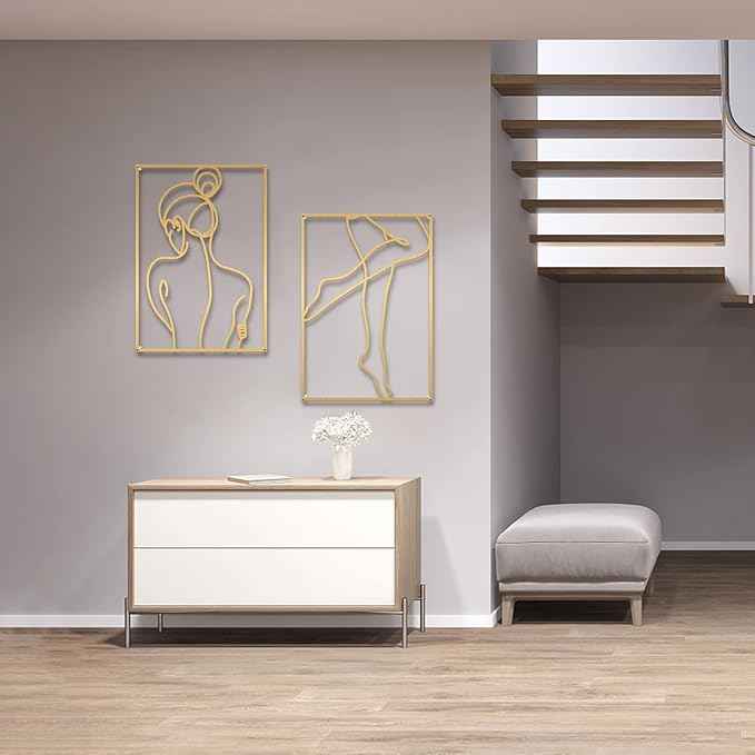 Glamativity 4 Pack Minimalist Wall Art, Real Metal Abstract Wall Art (Woman's Body Shape, Gold Elegant Style, M Size 17 x 11.8'')
