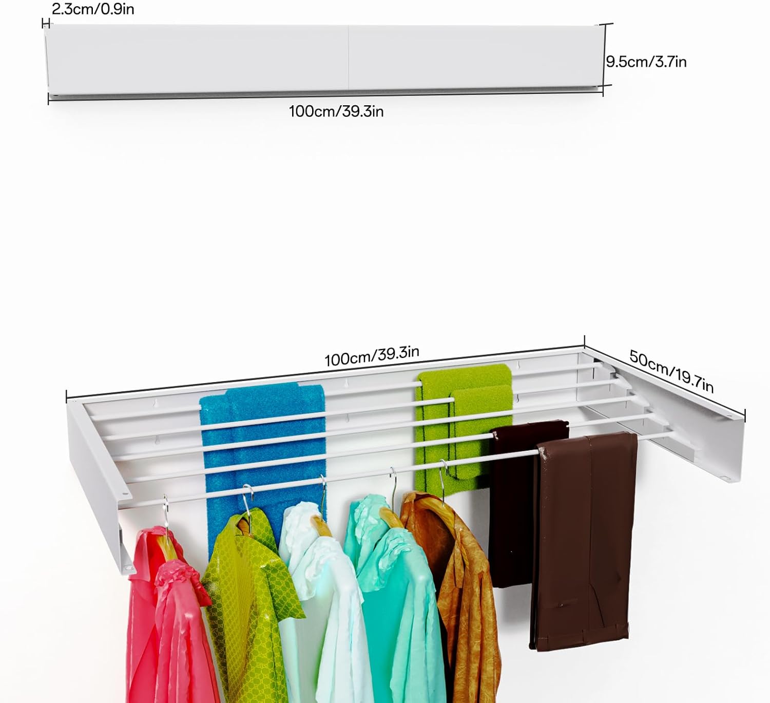 Wall Mounted Drying Rack for Laundry 40'', Folding Drying Rack Clothing Wall Mount with 5 Rods, Space Saving for Indoor Outdoor Bathroom Balcony (White, 40'') - NestledHome