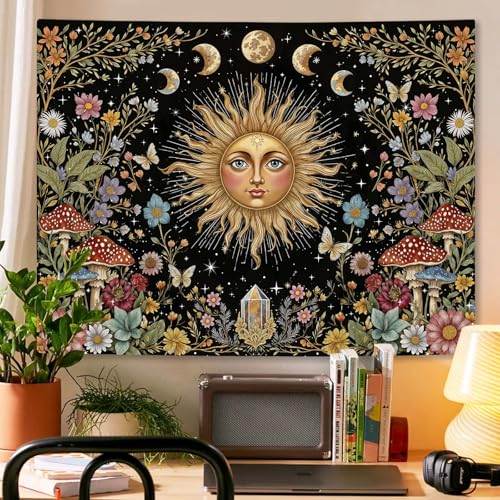 Boho Sun and Moon Tapestry Hippie Mushroom Floral Wall Tapestry for Bedroom Aesthetic Moon Phase Vintage Plant Celestial Small Tapestries Wall Hanging for Living Room Dorm 60 x 44 Inch