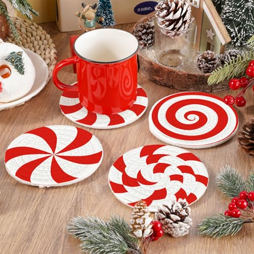 Christmas Candy Cotton Coasters Red White Peppermint Handmade Braided Drink Coasters Absorbent Cup Mats for Xmas Holiday Party Home Table Decor (4 Count)