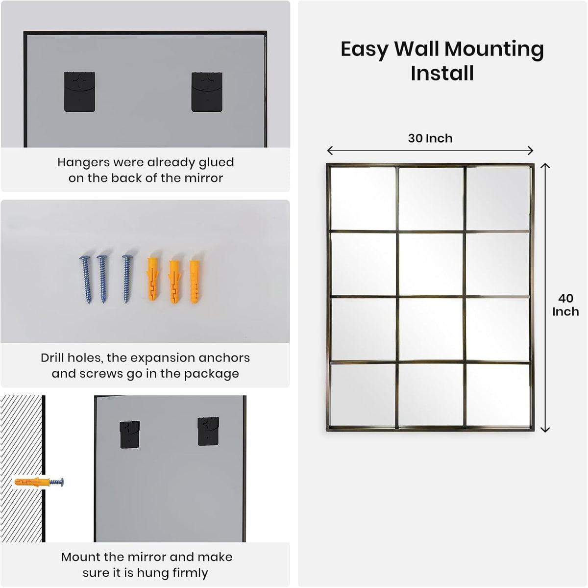 Windowpane Wall Mirror 30"x40" Bronze Wall Mounted Art Pane Mirror Farmhouse Decorative Mirror Leaning Hanging Wall Mirror for Bedroom Living Room Entrance Hallway Wall Decor