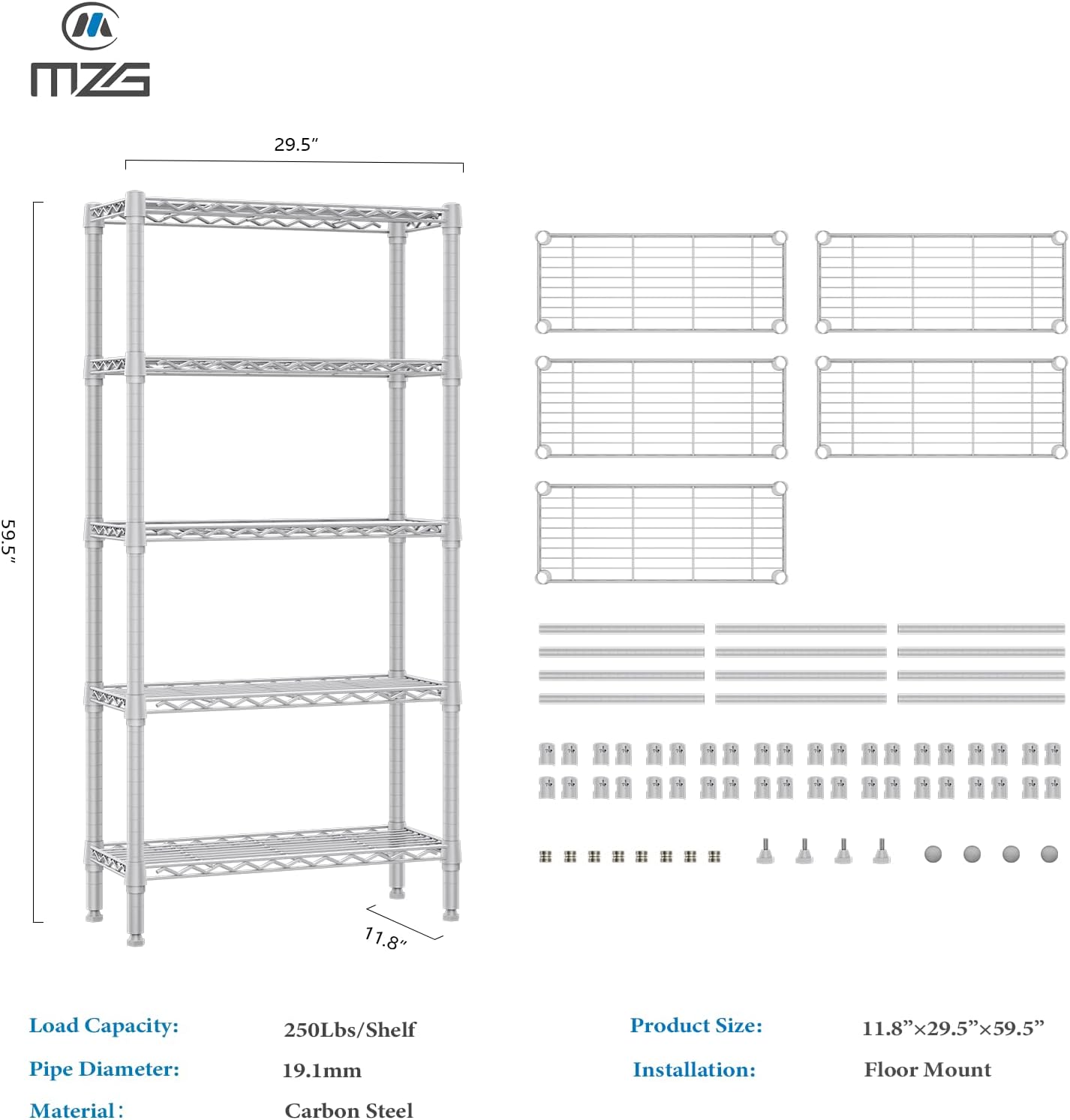 1250 lbs 5 Tier Shelf Metal Storage Shelves Wire Rack Closet Organizers for Garage Kitchen Bathroom Laundry White 11.8" D x 29.5" W x 59.5" H - NestledHome