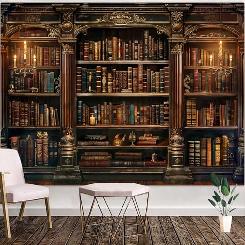 Vintage Bookshelf Tapestry Medieval Art Book Tapestries Wall Hanging Gothic Dark Academia Retro Library Backdrop Tapestry for Bedroom Living Room Dorm Study Classroom 60 × 44 inch