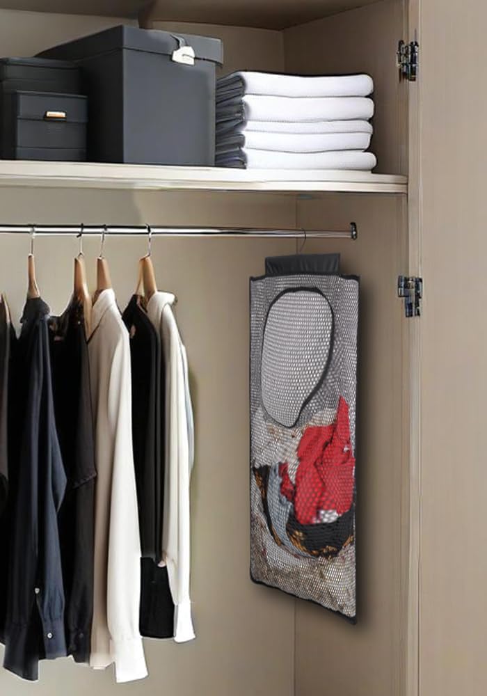 ALYER Breathable Mesh Laundry Hamper,Foldable Hanging Closet Storage Basket,Portable Space Saving Dirty Clothes Bag (Black) - NestledHome